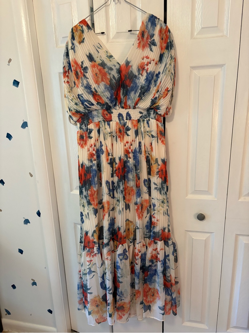 Floral Pleated Maxi Dress - Cream with Blue & Coral Floral